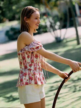 NWT Maeve Anthropologie Waisted Puff Sleeve Blouse Pink Floral Lace-up Bodice M